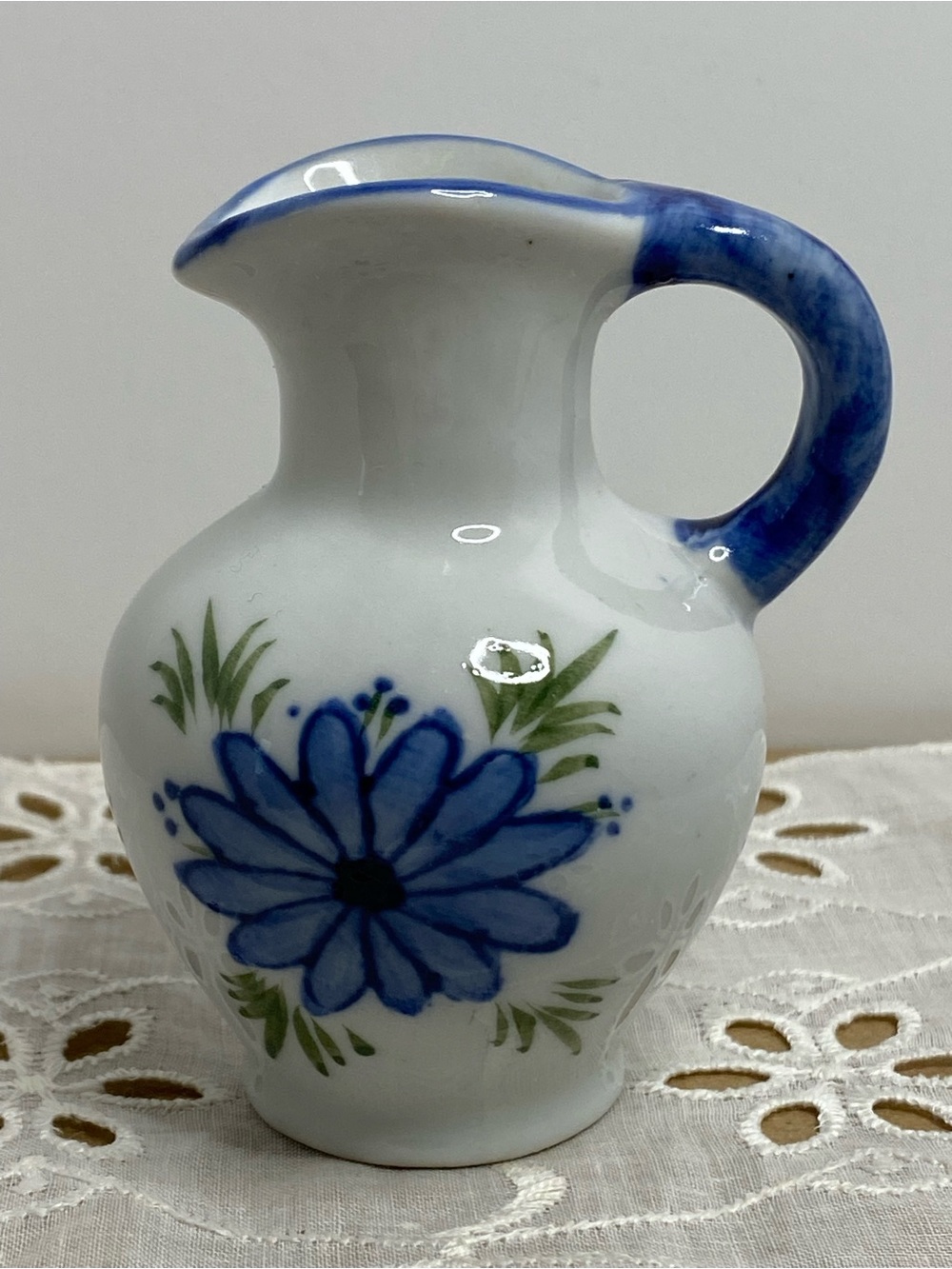 Vintage Mini Blue Floral Vase Hand Painted 3” Porcelain